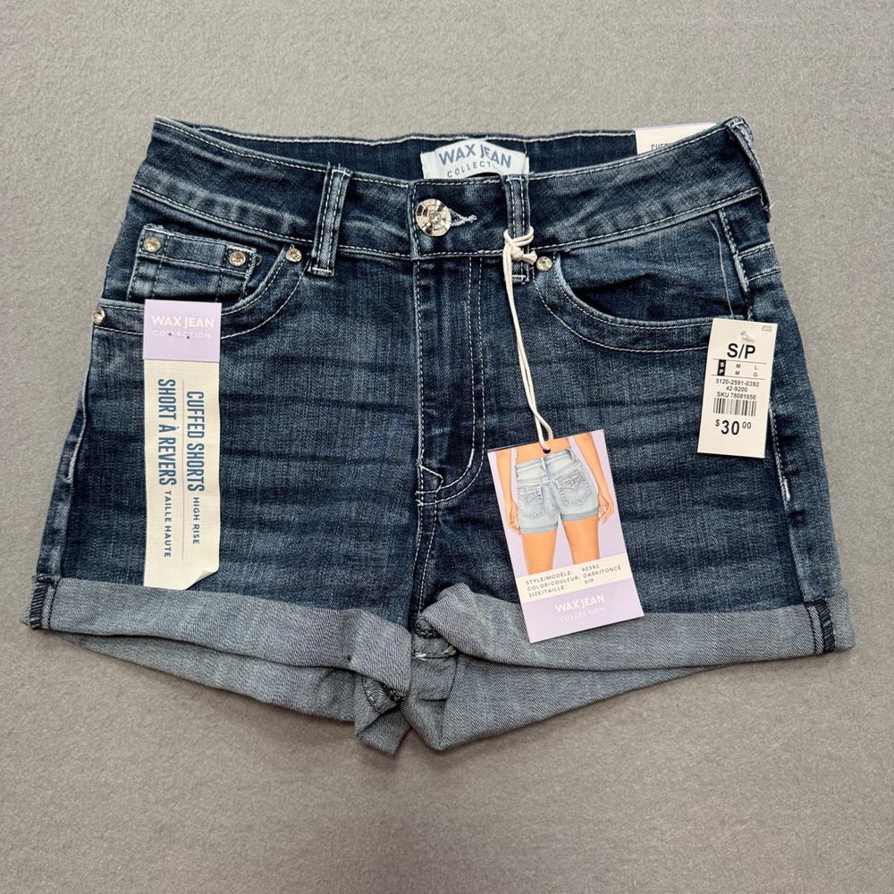 NEW Wax Jean Shorts Women's Small Dark Blue High Rise Cuffed Embellished Pockets